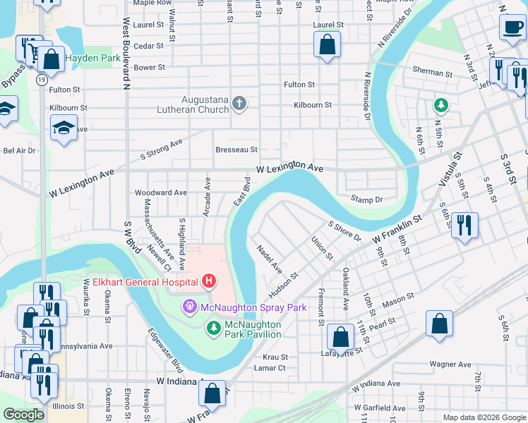 map of restaurants, bars, coffee shops, grocery stores, and more near 1302 S Shore Dr in Elkhart