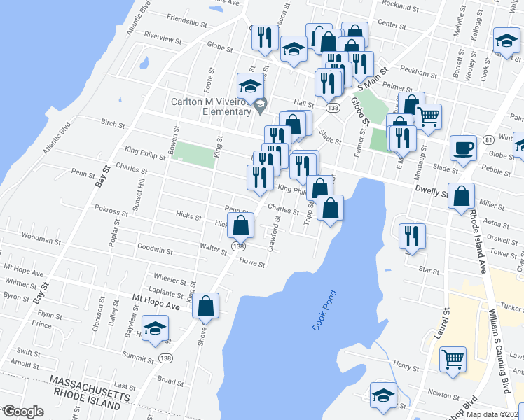 map of restaurants, bars, coffee shops, grocery stores, and more near 1902 South Main Street in Fall River