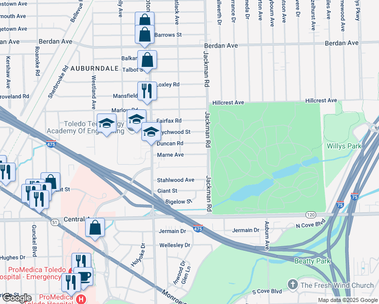 map of restaurants, bars, coffee shops, grocery stores, and more near 1740 Marne Avenue in Toledo