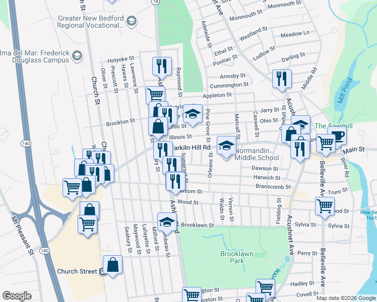 map of restaurants, bars, coffee shops, grocery stores, and more near 362 Tarkiln Hill Road in New Bedford