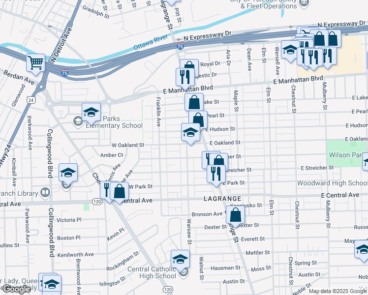 map of restaurants, bars, coffee shops, grocery stores, and more near 3241 Warsaw Street in Toledo