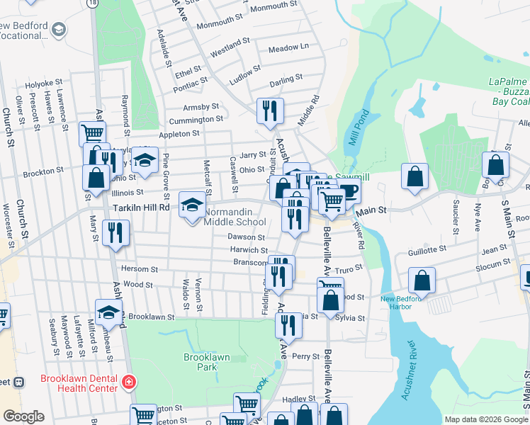 map of restaurants, bars, coffee shops, grocery stores, and more near 372 Conduit Street in New Bedford