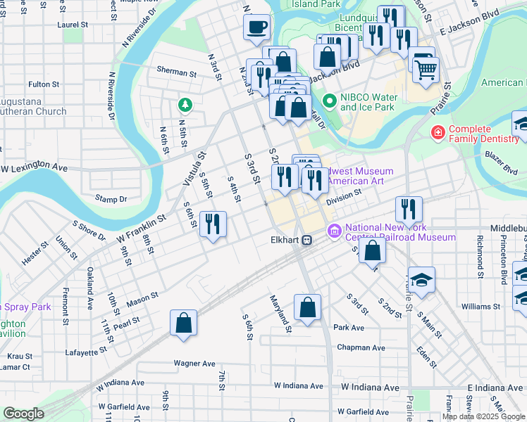 map of restaurants, bars, coffee shops, grocery stores, and more near 510 South 3rd Street in Elkhart