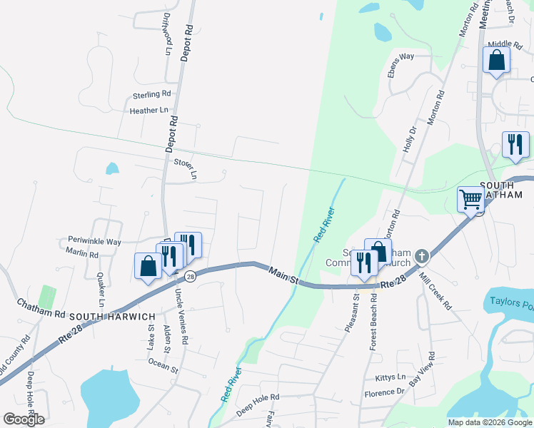 map of restaurants, bars, coffee shops, grocery stores, and more near 25 Robert Road in Harwich