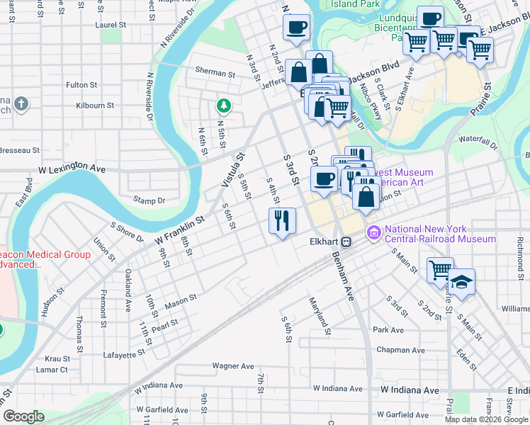 map of restaurants, bars, coffee shops, grocery stores, and more near 416 South 5th Street in Elkhart