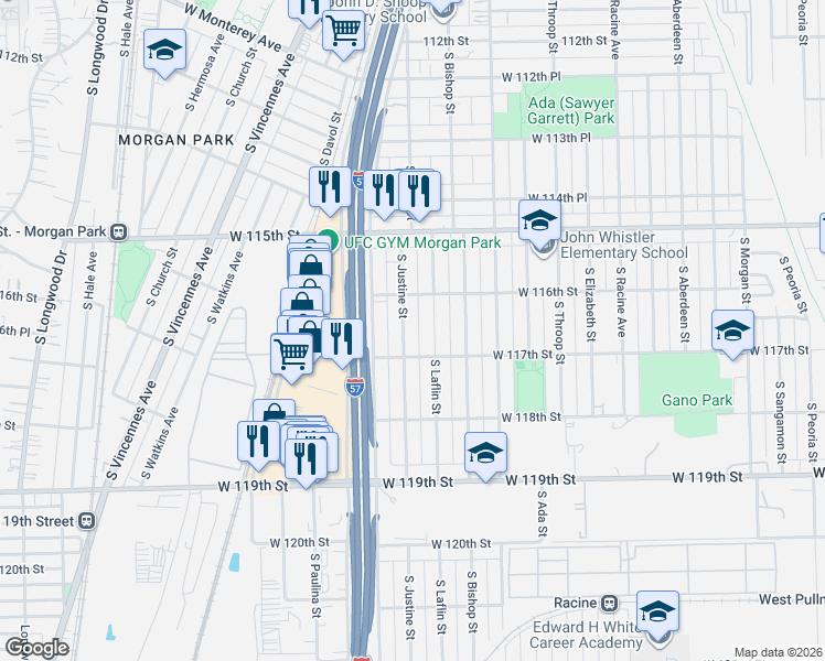 map of restaurants, bars, coffee shops, grocery stores, and more near 11635 South Justine Street in Chicago
