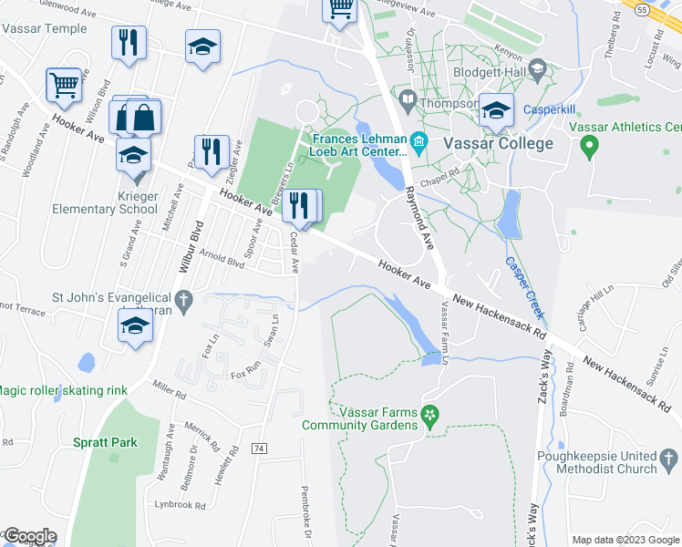 map of restaurants, bars, coffee shops, grocery stores, and more near 5 Austin Court in Poughkeepsie