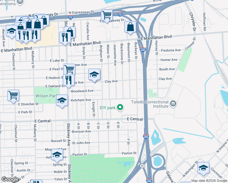 map of restaurants, bars, coffee shops, grocery stores, and more near 3227 Jeannette Ave in Toledo