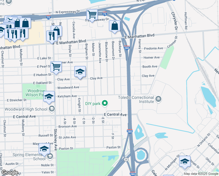 map of restaurants, bars, coffee shops, grocery stores, and more near 3228 Blackstone Dr in Toledo