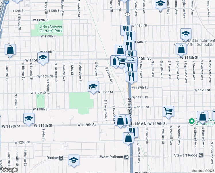 map of restaurants, bars, coffee shops, grocery stores, and more near 11641 South Sangamon Street in Chicago