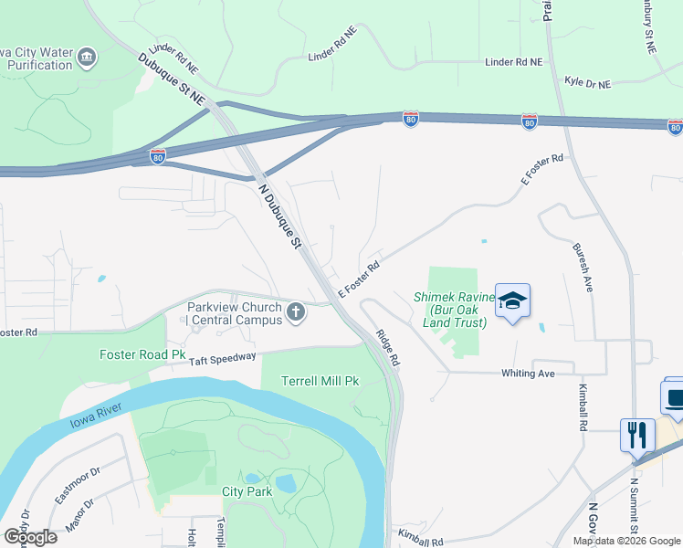 map of restaurants, bars, coffee shops, grocery stores, and more near 20 Hidden Meadow Lane in Iowa City