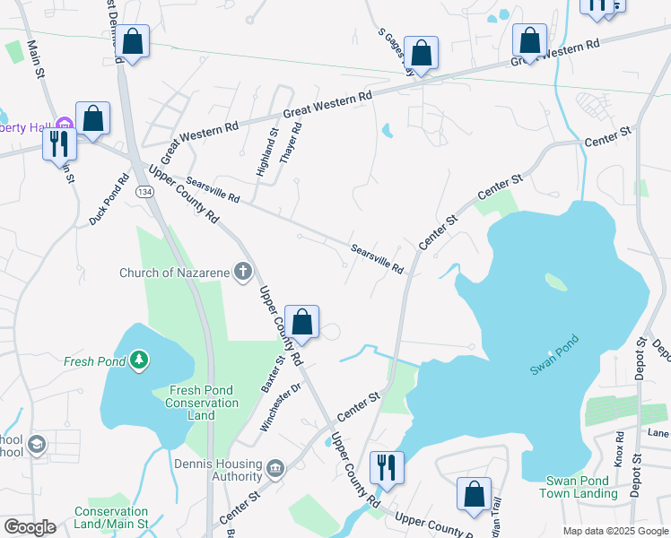 map of restaurants, bars, coffee shops, grocery stores, and more near 157 Searsville Road in Dennis