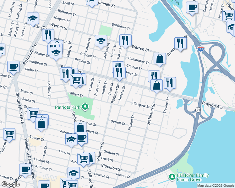 map of restaurants, bars, coffee shops, grocery stores, and more near 191 Nelson Street in Fall River