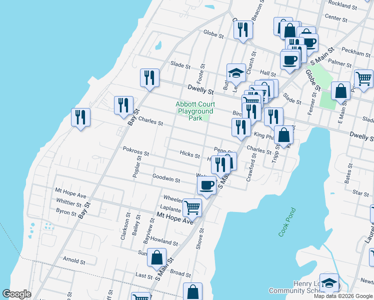 map of restaurants, bars, coffee shops, grocery stores, and more near 602 Hicks Street in Fall River
