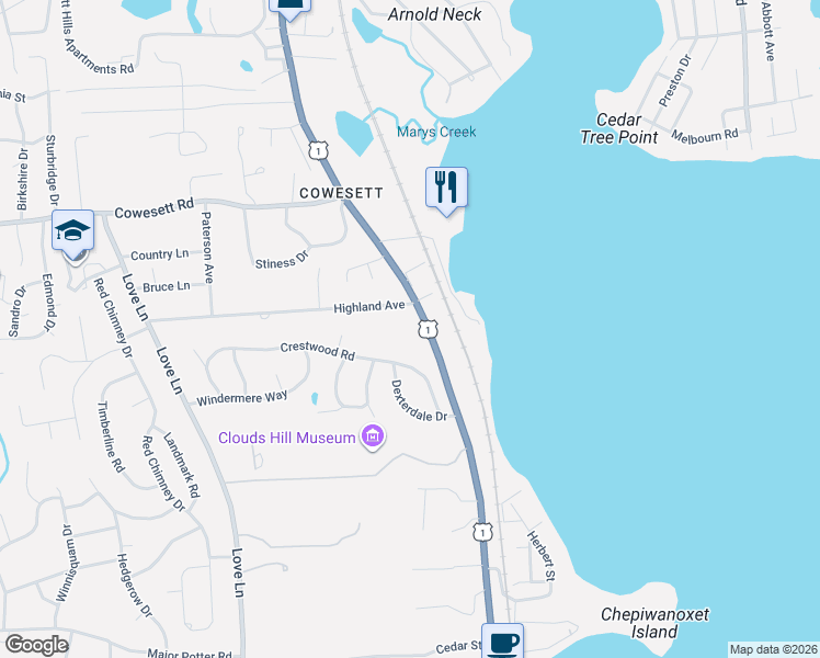 map of restaurants, bars, coffee shops, grocery stores, and more near 3987 Post Road in Warwick
