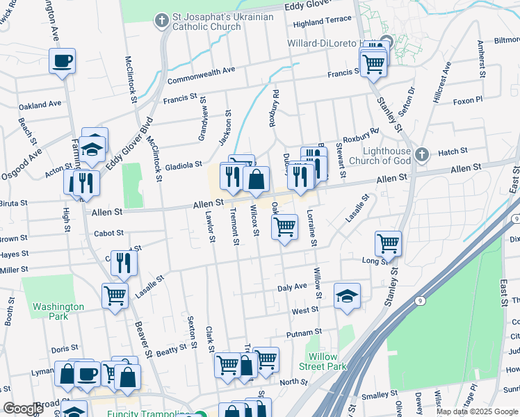 map of restaurants, bars, coffee shops, grocery stores, and more near 181 Wilcox Street in New Britain