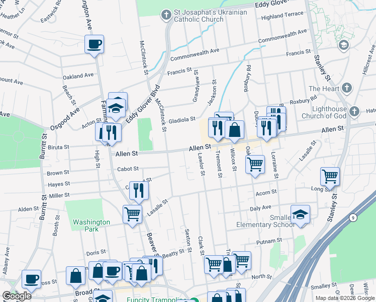 map of restaurants, bars, coffee shops, grocery stores, and more near 6 Atlantic Street in New Britain