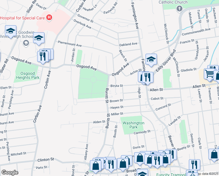 map of restaurants, bars, coffee shops, grocery stores, and more near 637 Burritt Street in New Britain