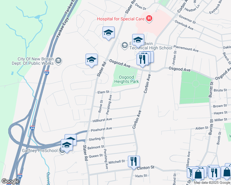 map of restaurants, bars, coffee shops, grocery stores, and more near 303 Pershing Avenue in New Britain