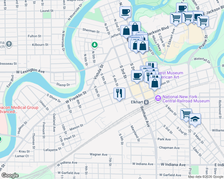 map of restaurants, bars, coffee shops, grocery stores, and more near 526 South Main Street in Elkhart