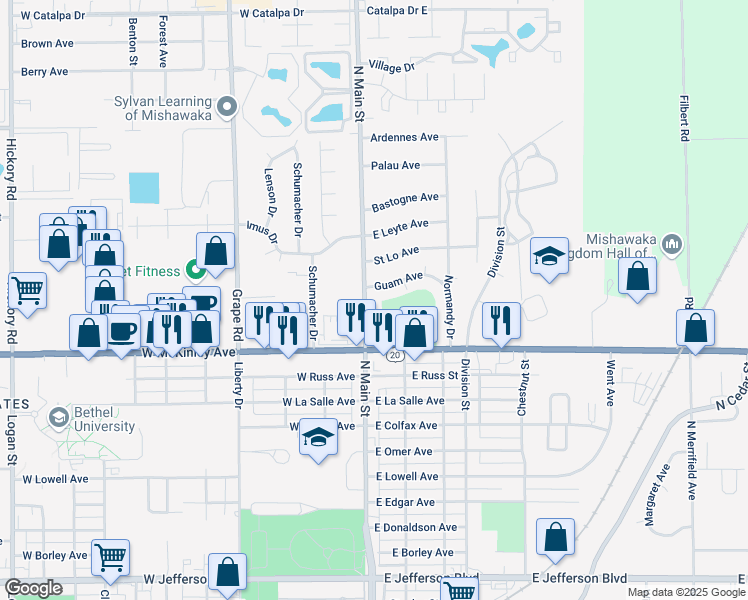 map of restaurants, bars, coffee shops, grocery stores, and more near in Mishawaka