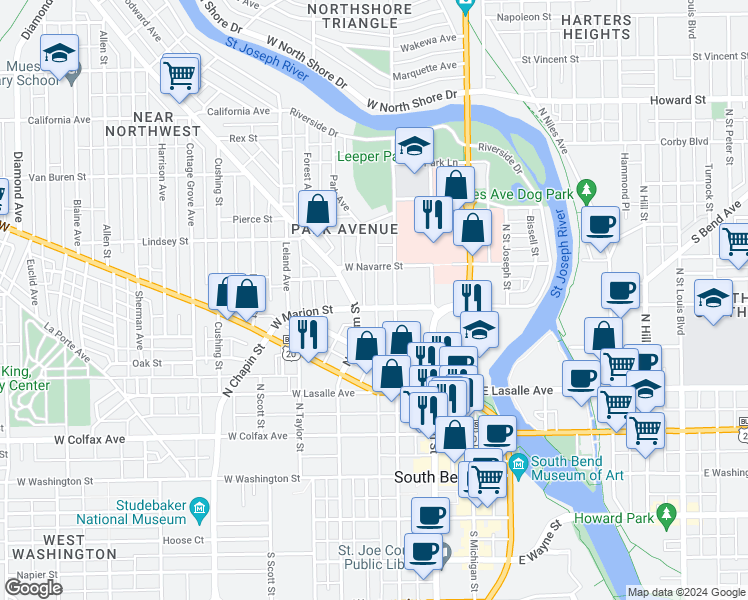 map of restaurants, bars, coffee shops, grocery stores, and more near 311 West Marion Street in South Bend
