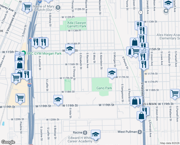 map of restaurants, bars, coffee shops, grocery stores, and more near 11636 South May Street in Chicago