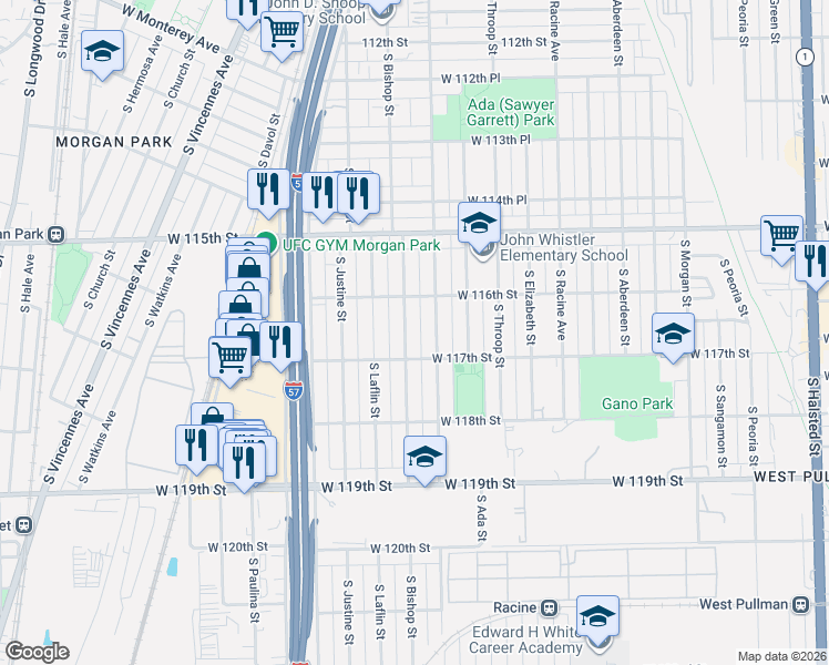 map of restaurants, bars, coffee shops, grocery stores, and more near 11634 South Loomis Street in Chicago