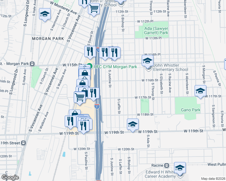 map of restaurants, bars, coffee shops, grocery stores, and more near 11635 South Justine Street in Chicago