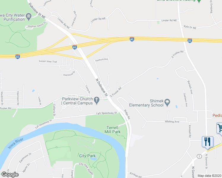 map of restaurants, bars, coffee shops, grocery stores, and more near 20 Hidden Meadow Lane in Iowa City