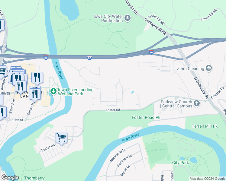 map of restaurants, bars, coffee shops, grocery stores, and more near 738 Mission Point Road in Iowa City