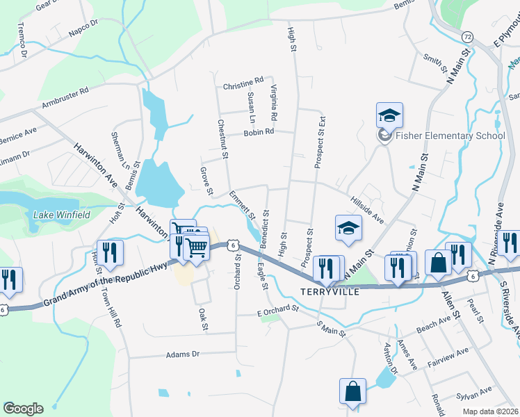 map of restaurants, bars, coffee shops, grocery stores, and more near 24 Emmett Street in Plymouth