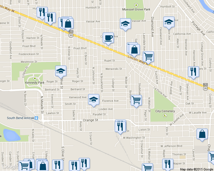 map of restaurants, bars, coffee shops, grocery stores, and more near 1802 Fassnacht Avenue in South Bend