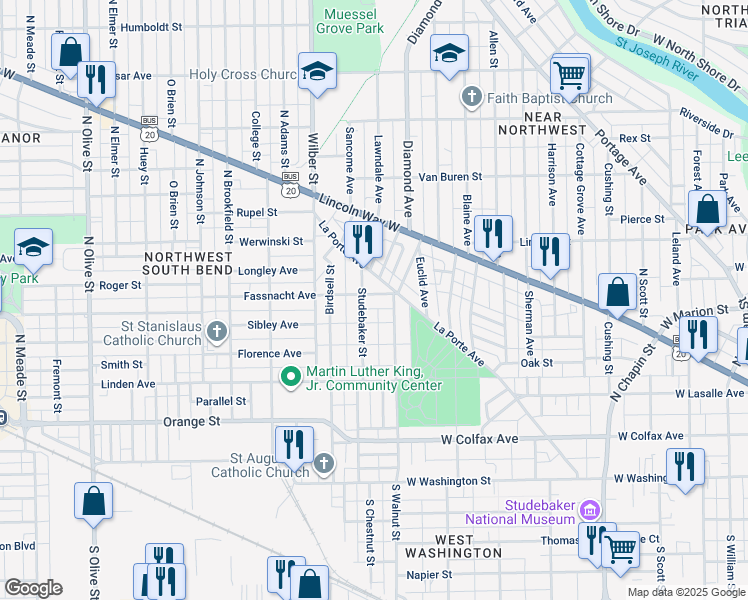 map of restaurants, bars, coffee shops, grocery stores, and more near 1324 Fassnacht Avenue in South Bend