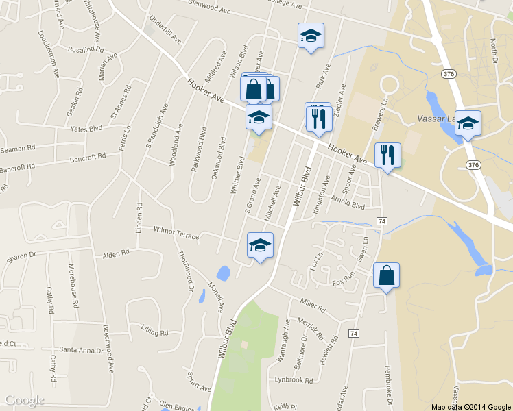 map of restaurants, bars, coffee shops, grocery stores, and more near 214 South Grand Avenue in Poughkeepsie