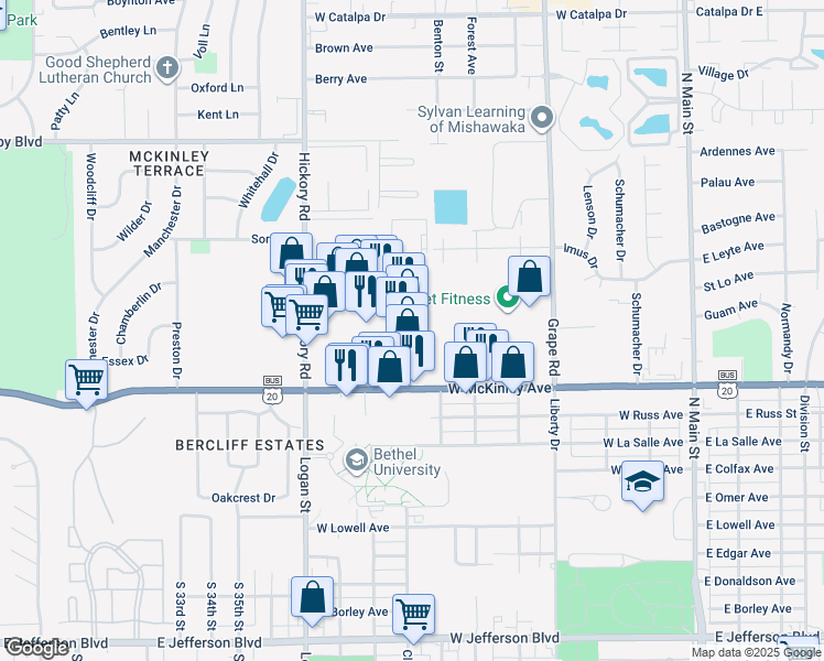 map of restaurants, bars, coffee shops, grocery stores, and more near 2544 Miracle Lane in Mishawaka