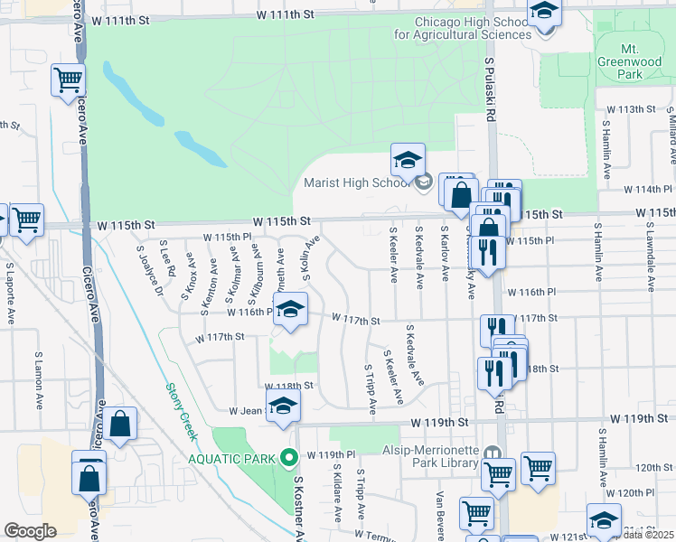 map of restaurants, bars, coffee shops, grocery stores, and more near 11611 South Kildare Avenue in Chicago