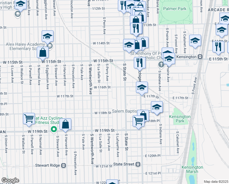 map of restaurants, bars, coffee shops, grocery stores, and more near 11614 South Lafayette Avenue in Chicago