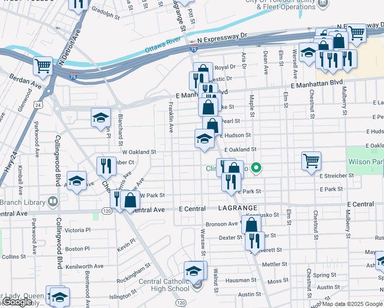 map of restaurants, bars, coffee shops, grocery stores, and more near 44 East Oakland Street in Toledo