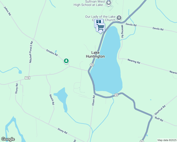 map of restaurants, bars, coffee shops, grocery stores, and more near New York 52 & Lake Huntington Road in Lake Huntington