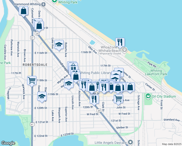 map of restaurants, bars, coffee shops, grocery stores, and more near 1722 Central Avenue in Whiting