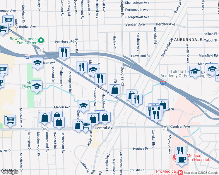 map of restaurants, bars, coffee shops, grocery stores, and more near 3346 Wyckliffe Parkway in Toledo