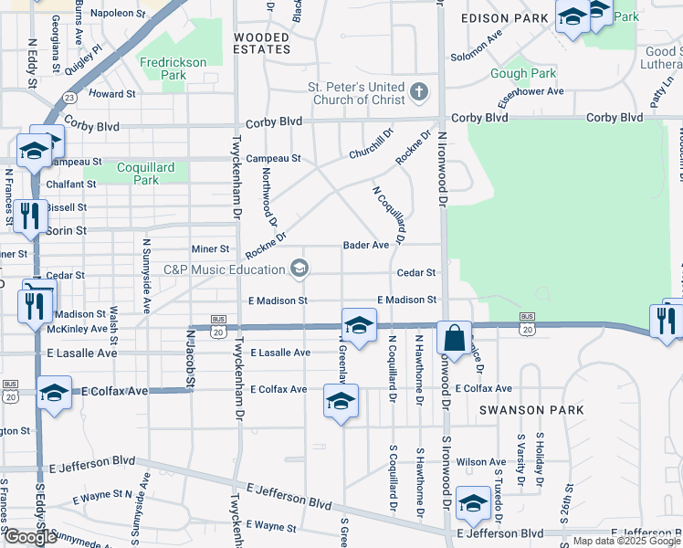 map of restaurants, bars, coffee shops, grocery stores, and more near 1798 Cedar St in South Bend