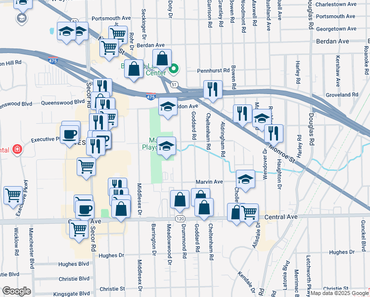 map of restaurants, bars, coffee shops, grocery stores, and more near 3332 Drummond Rd in Toledo