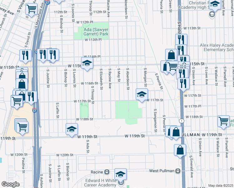 map of restaurants, bars, coffee shops, grocery stores, and more near 11636 South May Street in Chicago