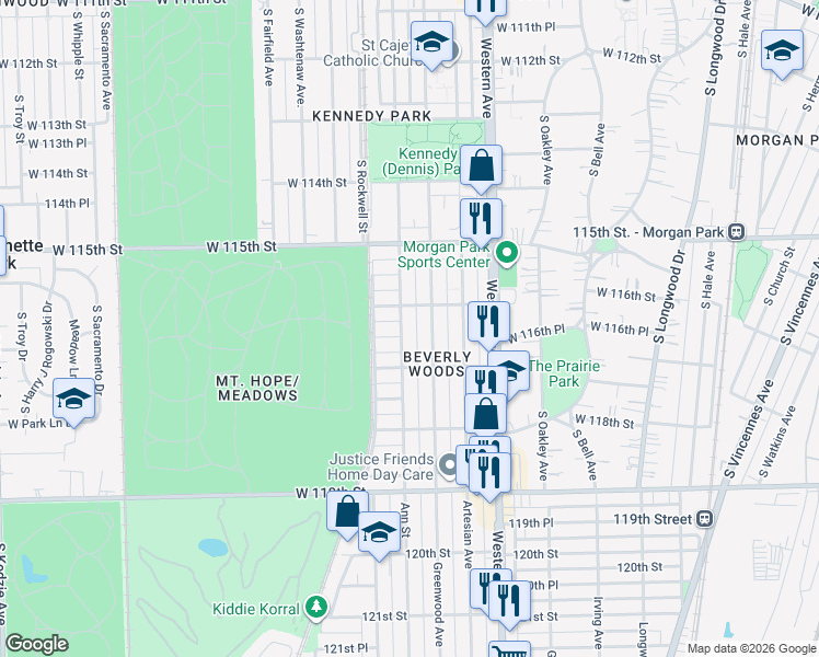 map of restaurants, bars, coffee shops, grocery stores, and more near 11621 South Maplewood Avenue in Chicago