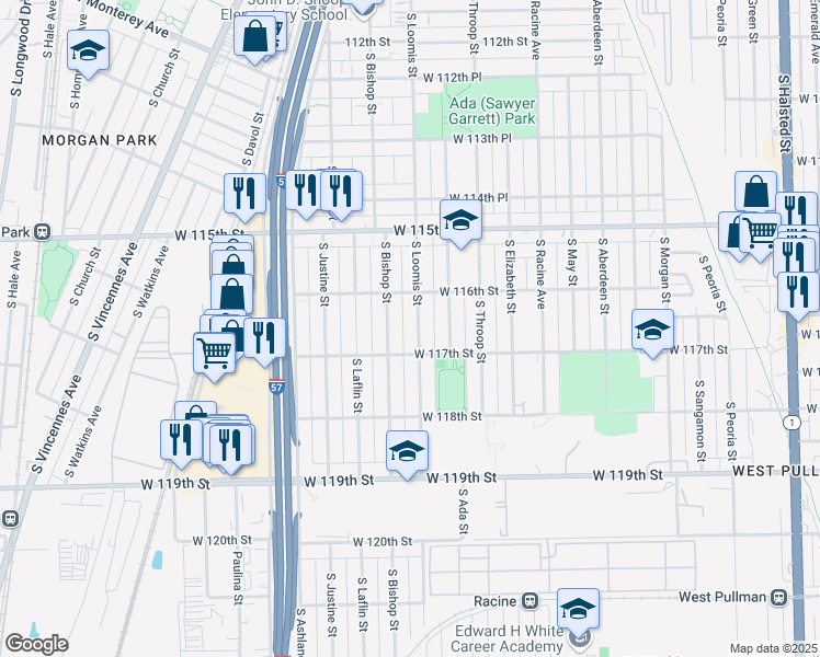 map of restaurants, bars, coffee shops, grocery stores, and more near 11634 South Loomis Street in Chicago