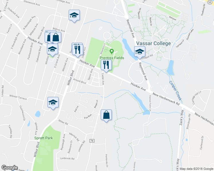 map of restaurants, bars, coffee shops, grocery stores, and more near 19 Cedar Avenue in Poughkeepsie
