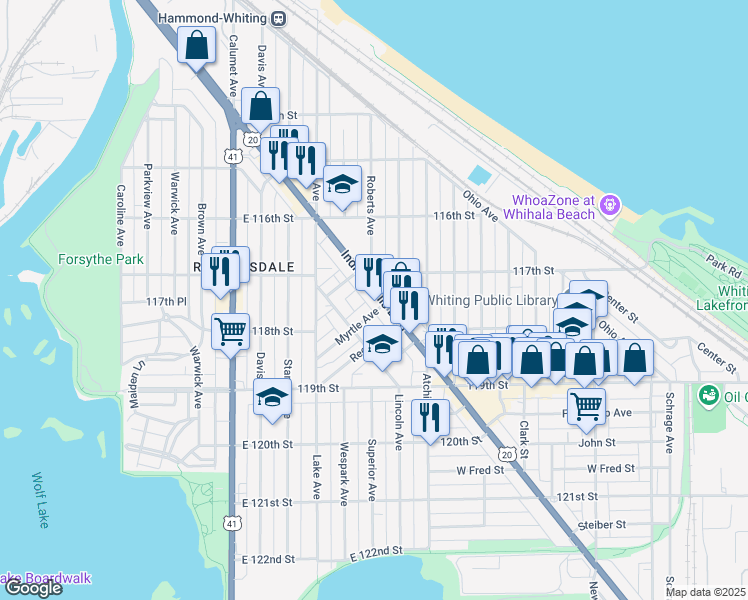 map of restaurants, bars, coffee shops, grocery stores, and more near 1728 U.S. 12 in Whiting