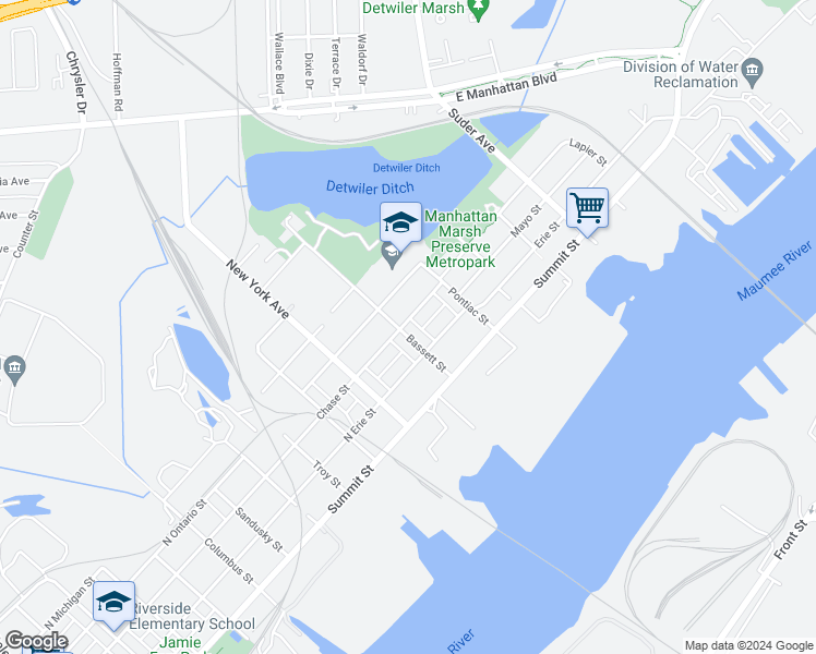 map of restaurants, bars, coffee shops, grocery stores, and more near 430 Bassett Street in Toledo